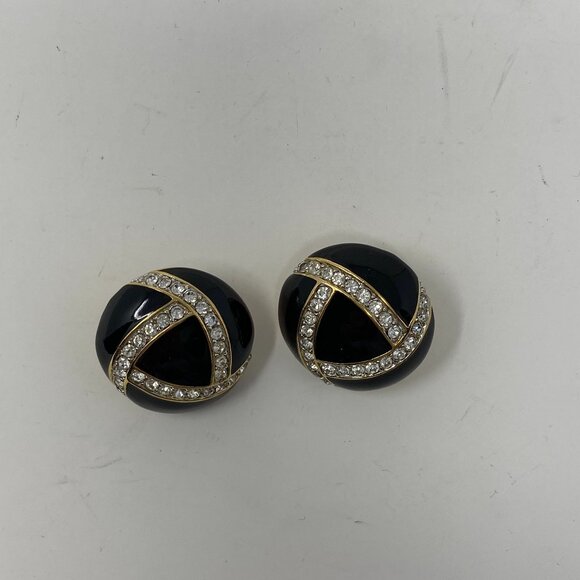 vintage st john round black enamel & rhinestone clip on earrings - Picture 1 of 4